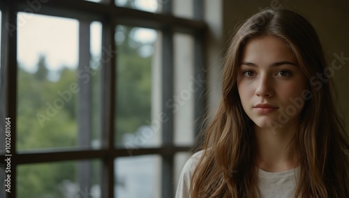 Young woman with long brown hair standing by a window.