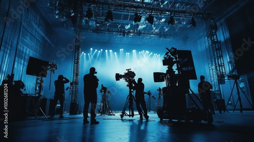 Silhouetted crew adjusting lighting rigs and cameras in a massive film production studio filled with professional-grade equipment.