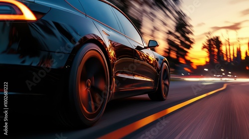 Black car speeding on a road at sunset, dynamic motion blur and vibrant colors.