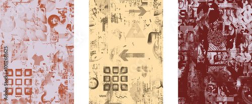 Set of posters with glitch distorted grunge texture. Poster collection texture with halftone dots, glitched shapes, textures and lines .Screen print vector poster pack with grunge textured surface