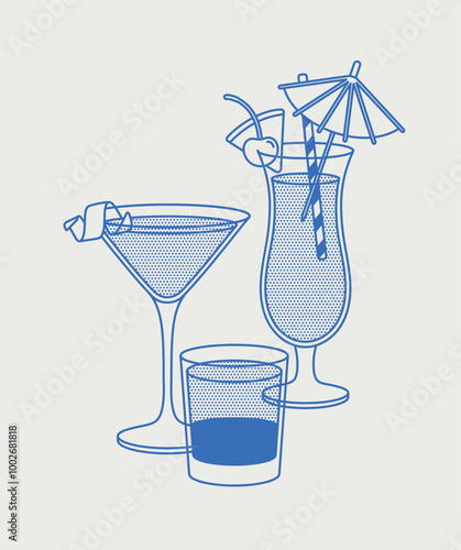 Blue Hawaiian, Cosmopolitan, and Kahlúa and Cream cocktails. Line art, retro. Vector illustration for bars, cafes, and restaurants.
