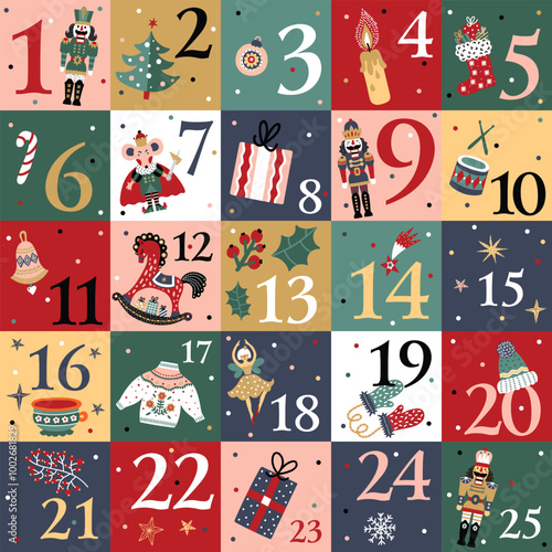 Nutcracker christmas advent calendar design. Colorful  illustration, background for calendar, wall decor, card, banner etc.
