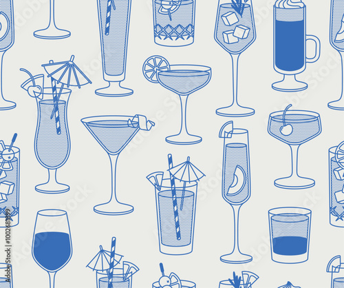 Seamless pattern of cocktails. Line art, retro. Vector illustration for bars, cafes, and restaurants.