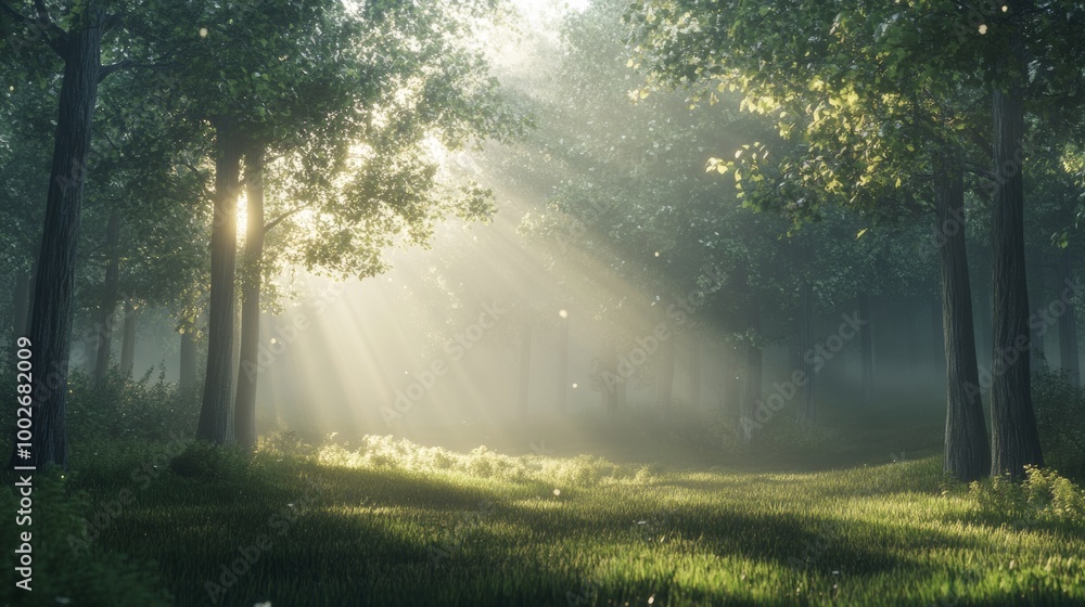Obraz premium A serene forest at dawn, shrouded in light mist