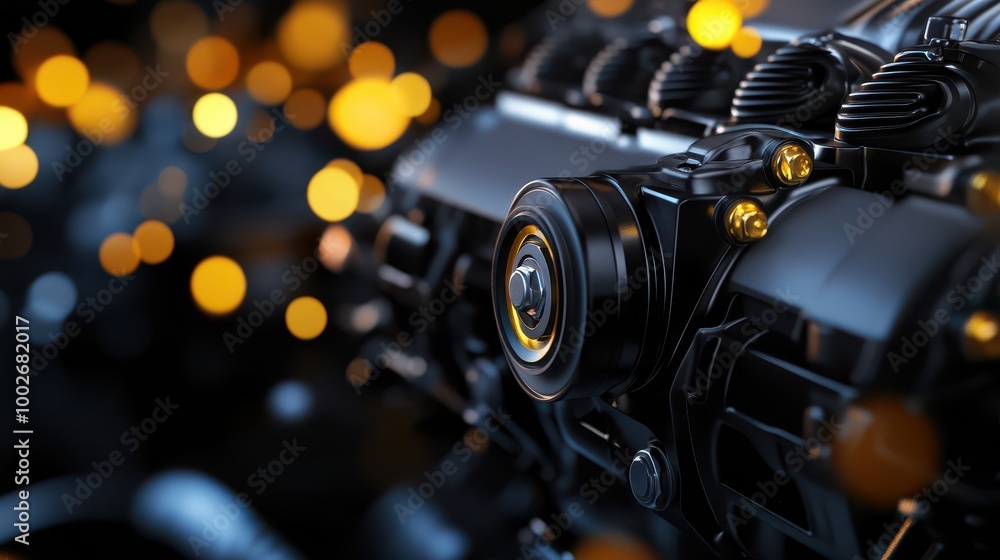 Fototapeta premium Close-up of a sleek engine detail with blurred lights in the background.