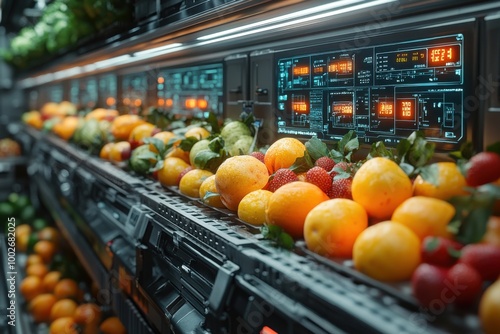 Futuristic Grocery Store Display with Fresh Produce and Digital Price Tags