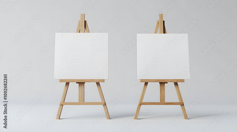 Two Wooden Easels with Blank Canvases in a Minimalist Setting Two Wooden Easels with Blank Canvases in a Minimalist Setting