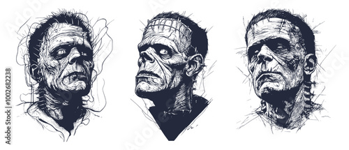 Frankensteins monster sketches. Frankenstein face tattoo sketch, zombie portrait vintage horror creepy monsters retro movie drawing halloween party dead man vector illustration