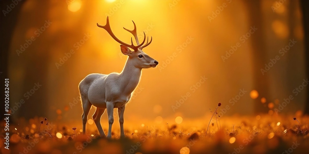 A deer is standing in a field of grass. The deer is white and has brown antlers A deer is standing in a field of grass. The deer is white and has brown antlers