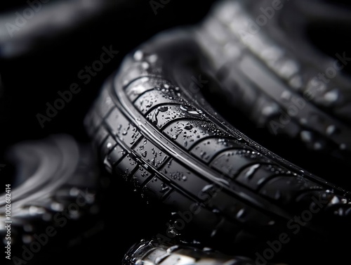 Close-up of wet black tires with detailed tread patterns, isolated on a dark background. photo