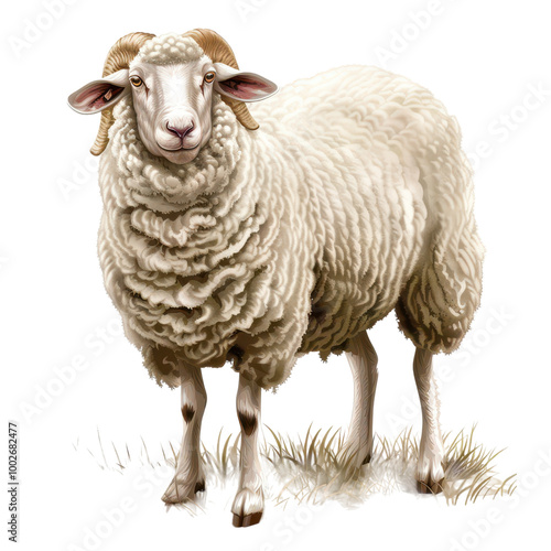 A detailed illustration of a fluffy white sheep standing on grass, showcasing its unique features and texture. photo