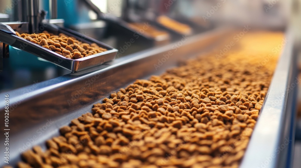 A factory production line of dry pet food, showing pelleted animal feed for dogs and cats being processed and packaged. A factory production line of dry pet food, showing pelleted animal feed for dogs and cats being processed and packaged.