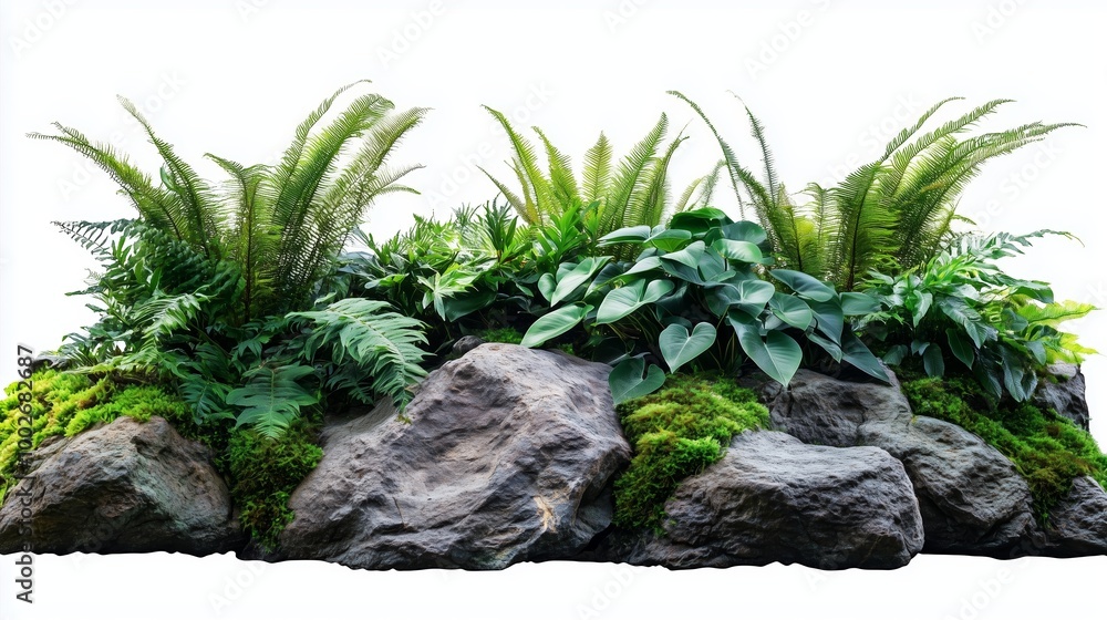 Lush greenery with ferns and leafy plants growing on a textured stone formation in a serene natural setting Lush greenery with ferns and leafy plants growing on a textured stone formation in a serene natural setting