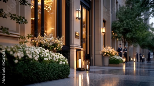 Luxury hotel entrance with ornate details and lush greenery.