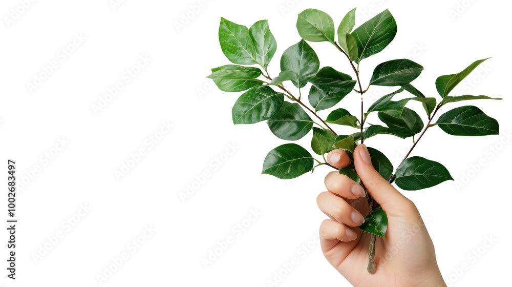 hand holding green plant isolated on white background hand holding green plant isolated on white background