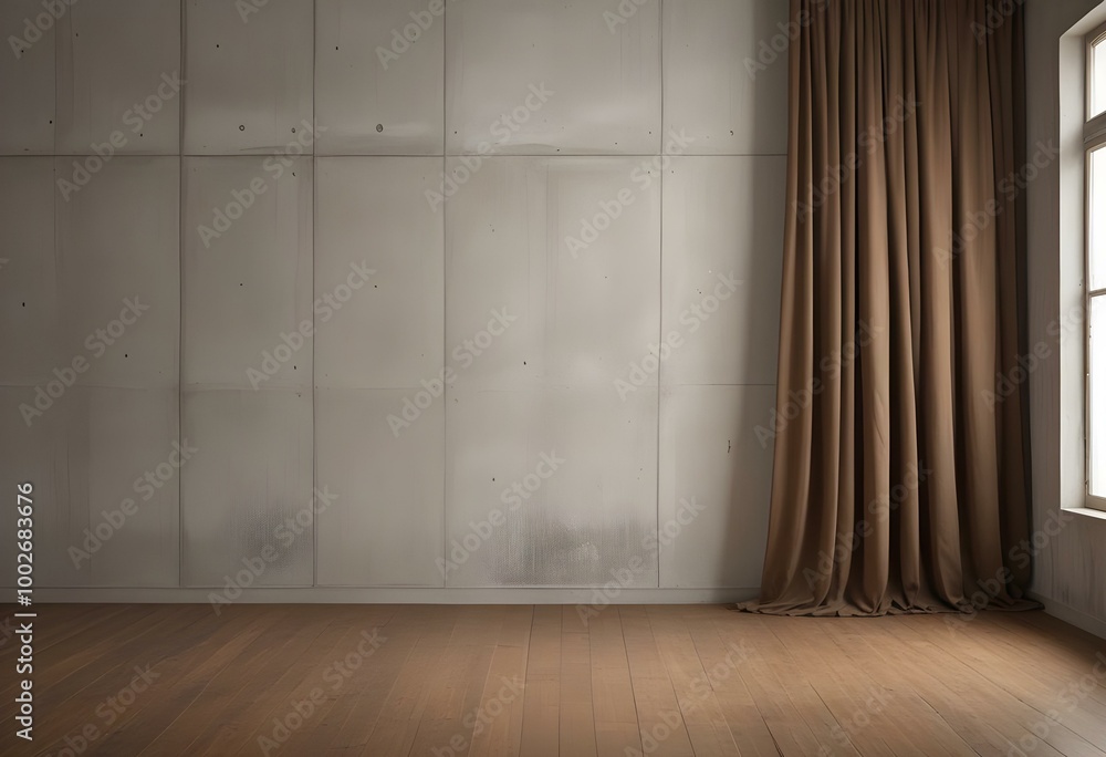 A large empty room with a concrete wall, wooden floor, and a pair of brown curtains covering a window. A large empty room with a concrete wall, wooden floor, and a pair of brown curtains covering a window.