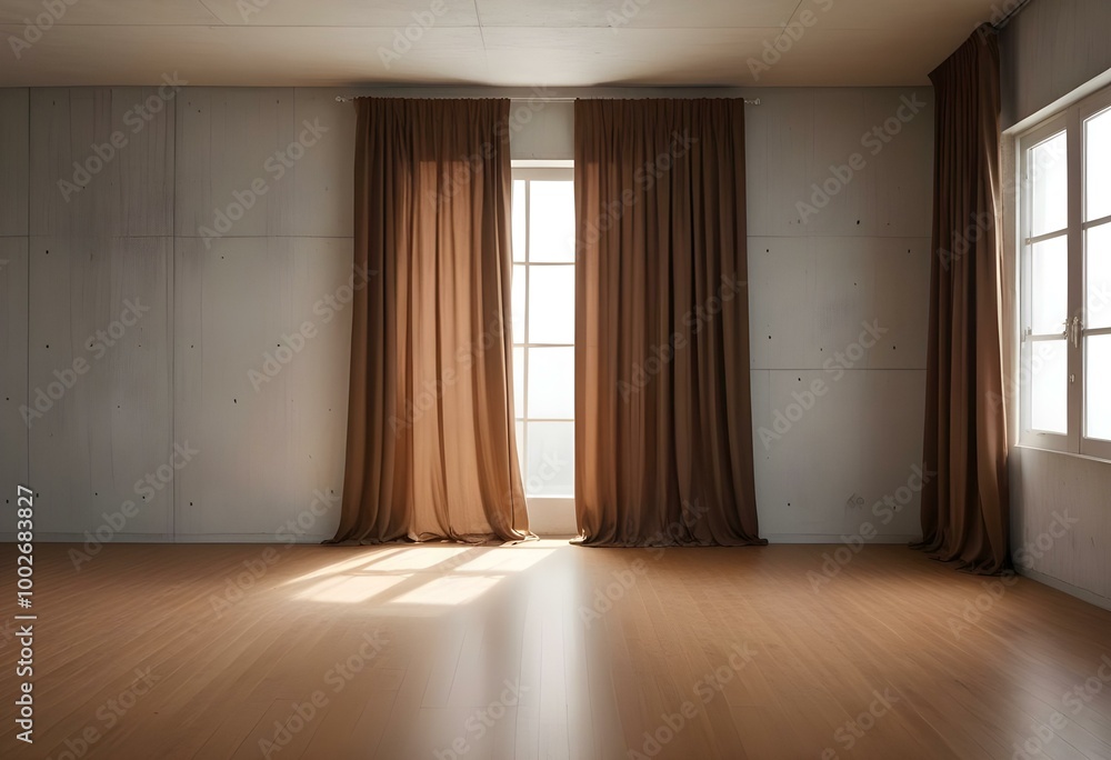 A large empty room with a concrete wall, wooden floor, and a pair of brown curtains covering a window. A large empty room with a concrete wall, wooden floor, and a pair of brown curtains covering a window.