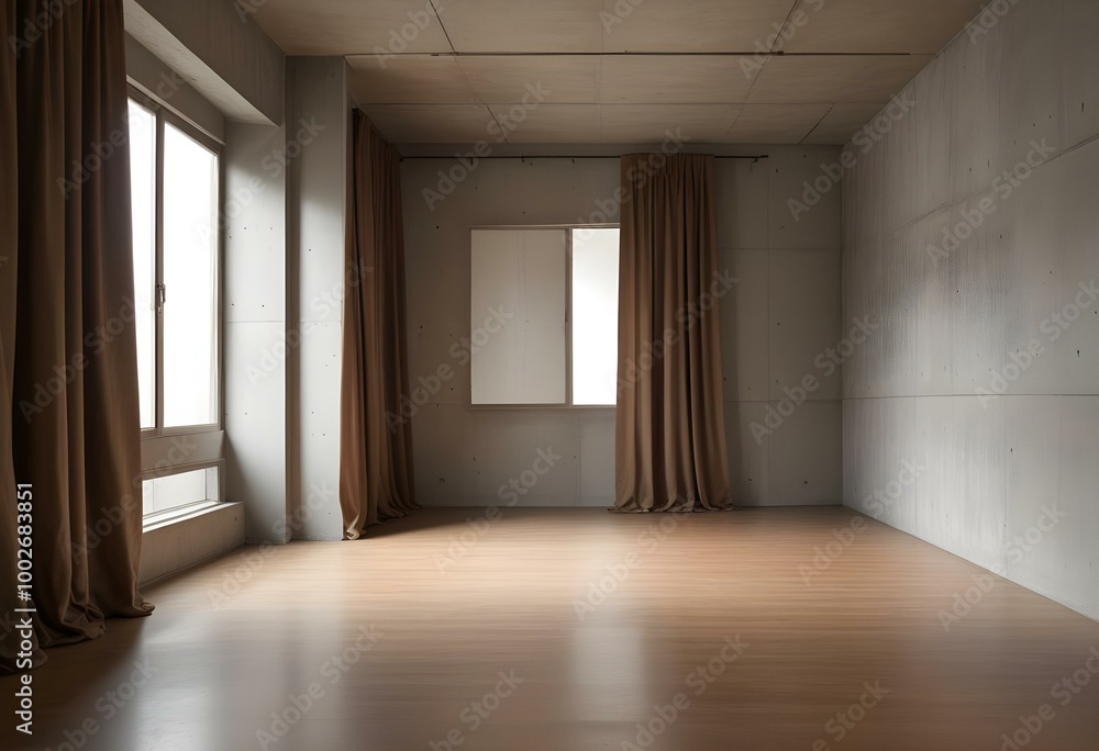 A large empty room with a concrete wall, wooden floor, and a pair of brown curtains covering a window. A large empty room with a concrete wall, wooden floor, and a pair of brown curtains covering a window.