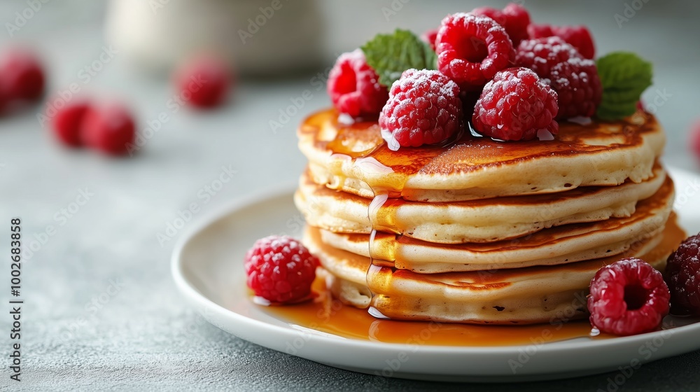 Pancake stack with berries and syrup on white plate, closeup view, sunny day, delicious breakfast concept Pancake stack with berries and syrup on white plate, closeup view, sunny day, delicious breakfast concept