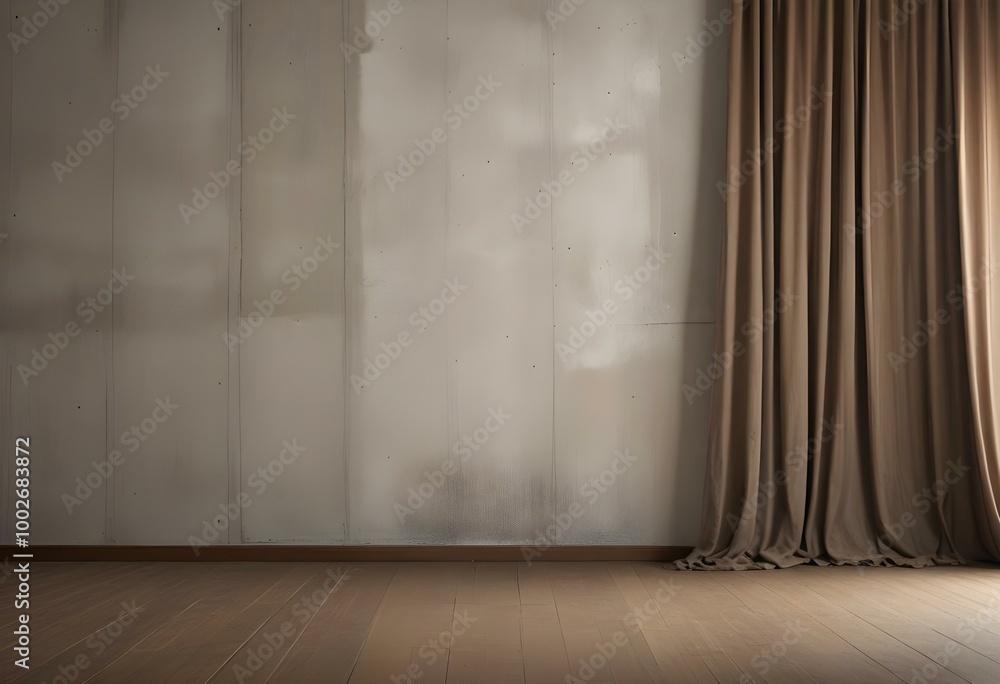 A large empty room with a concrete wall, wooden floor, and a pair of brown curtains covering a window. A large empty room with a concrete wall, wooden floor, and a pair of brown curtains covering a window.