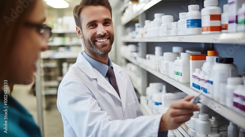 pharmacist in pharmacy, a smiling male pharmacy technician.