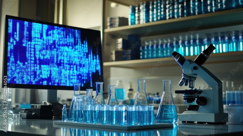 Laboratory Setup with Microscope and Flasks Laboratory Setup with Microscope and Flasks