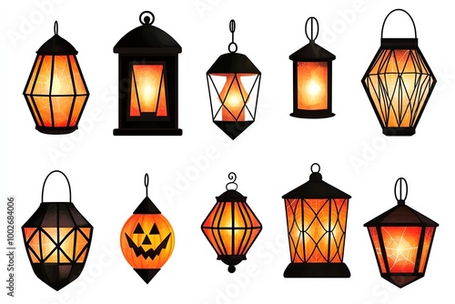 Various decorative lanterns in different designs, white isolated background.