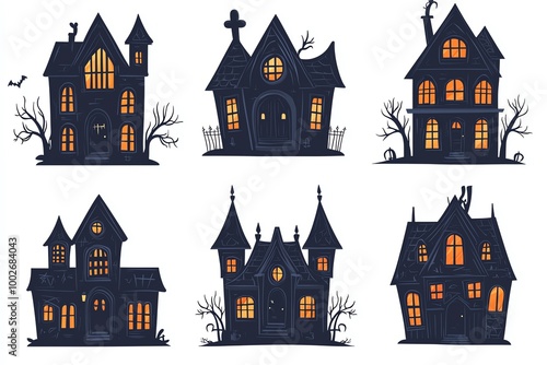 Collection of spooky haunted houses with glowing windows, white isolate background. photo