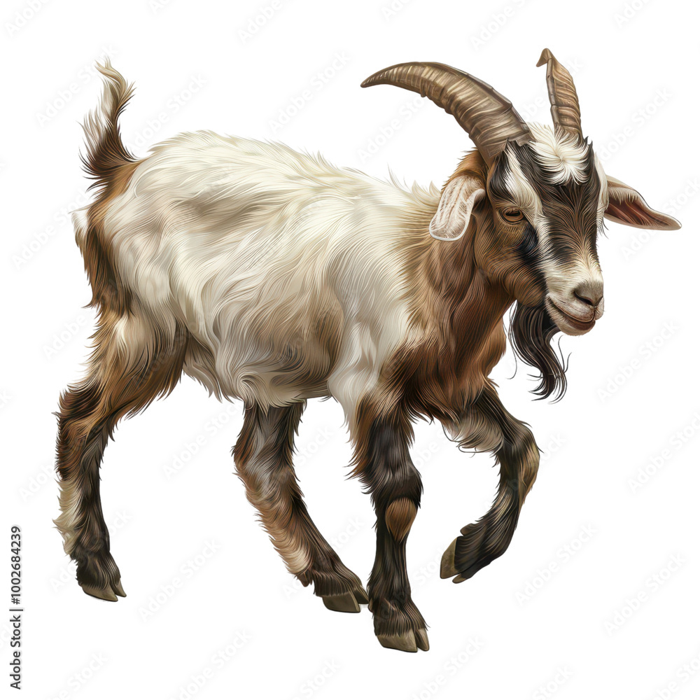 A playful goat with a fluffy coat and unique horns, perfect for illustrating farm life or animal themes. A playful goat with a fluffy coat and unique horns, perfect for illustrating farm life or animal themes.