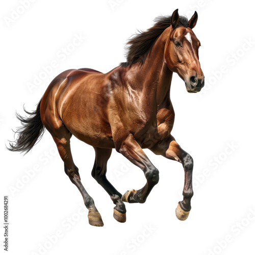 A powerful brown horse running gracefully across an open field, showcasing its strength and beauty in motion.