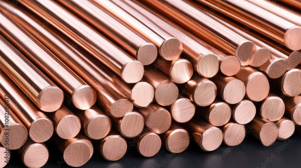 Naklejka premium A meticulously detailed arrangement of copper cylinders and round bars lies against a dark backdrop, highlighting the smooth texture and gleaming finish of the metal