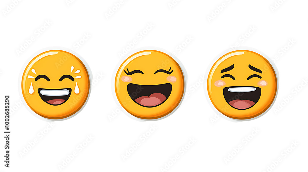 Fototapeta premium Smiling yellow faces with happy expressions, 3D emoticons set