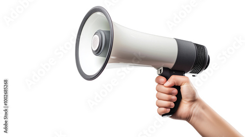 Hand holding a loud speaker megaphone isolated on transparent or white background