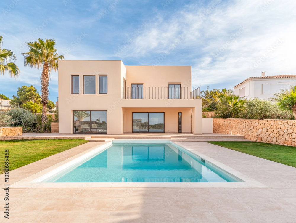 Modern villa with a sleek design and swimming pool set amidst lush greenery on a sunny day in a tranquil residential area Modern villa with a sleek design and swimming pool set amidst lush greenery on a sunny day in a tranquil residential area