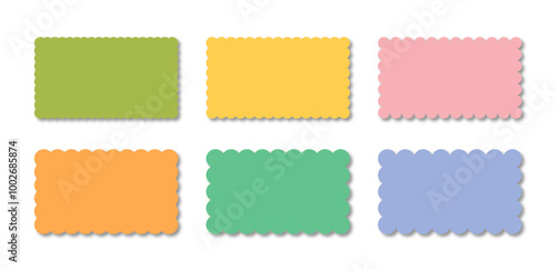 Multicolored rectangular frames with scallop edges set. Rectangular text boxes with shadow.