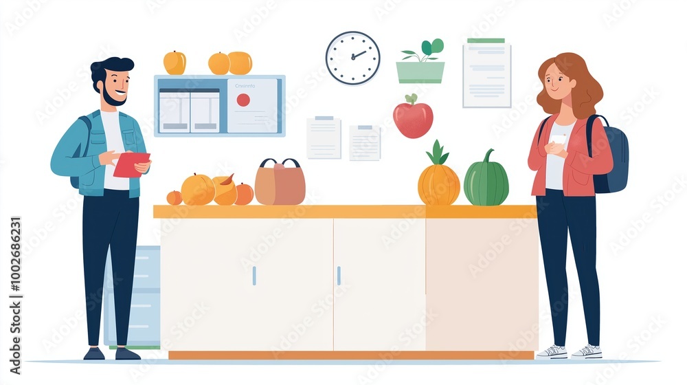 Fototapeta premium Two people engaging with a variety of fresh vegetables and fruits, creating a lively atmosphere for healthy cooking and meal preparation.