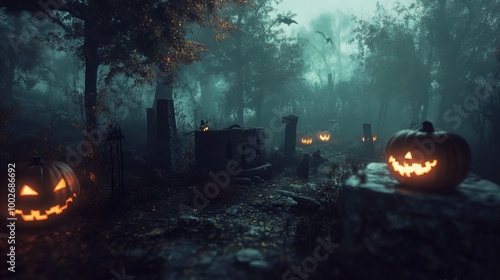 In the shadowy depths of a haunted forest, under the eerie glow of the night sky, grotesque pumpkins stand sentinel among ancient tombs. The scene melts into an abstract blur photo