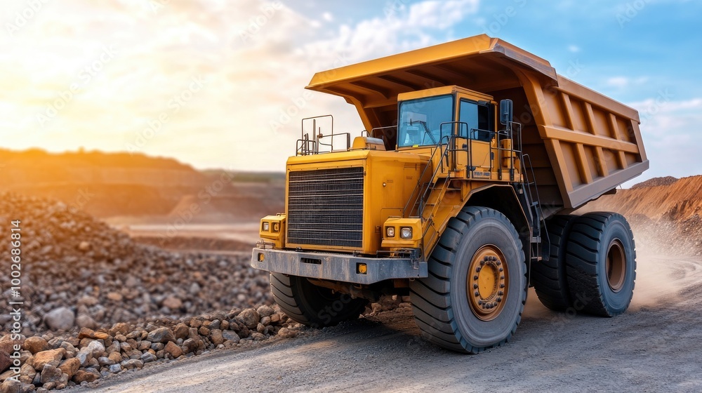 A fleet of large yellow mining trucks drives along a dirt road in a unique open-pit mine, featuring a visually striking, digitally manipulated atmosphere A fleet of large yellow mining trucks drives along a dirt road in a unique open-pit mine, featuring a visually striking, digitally manipulated atmosphere