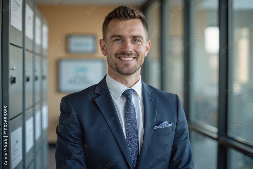 Confident businessman smiling warmly in modern office hallway Confident businessman smiling warmly in modern office hallway