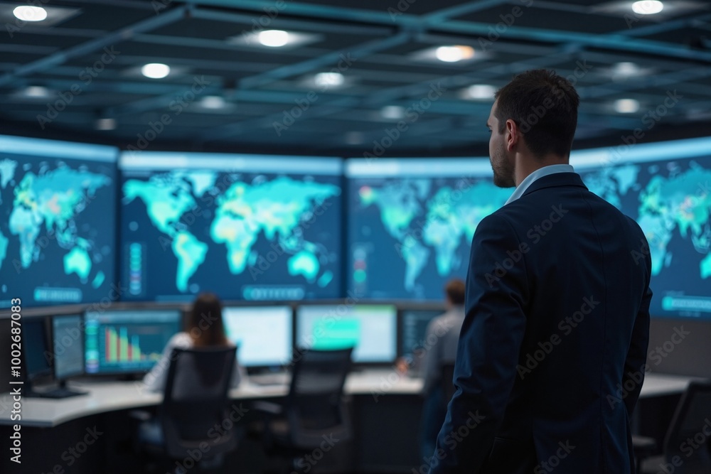 Businessman with Focused Determination Analyzing Global Data in High-Tech Control Room Businessman with Focused Determination Analyzing Global Data in High-Tech Control Room