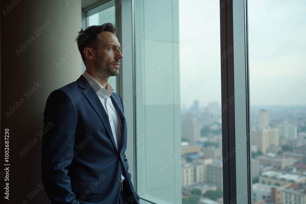 Businessman with contemplative mood looking out office window against cityscape Businessman with contemplative mood looking out office window against cityscape