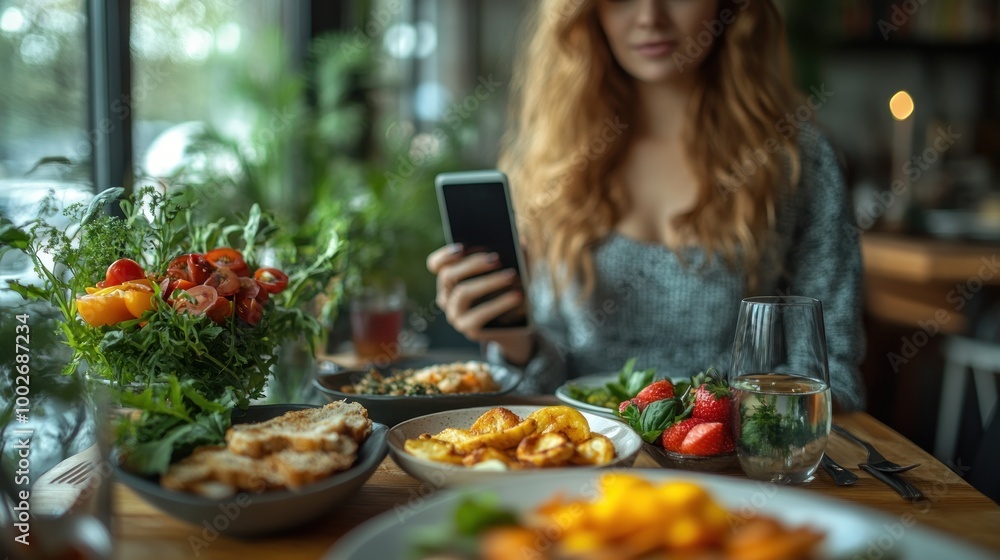 A woman enjoys a meal while using her phone in a cozy setting.