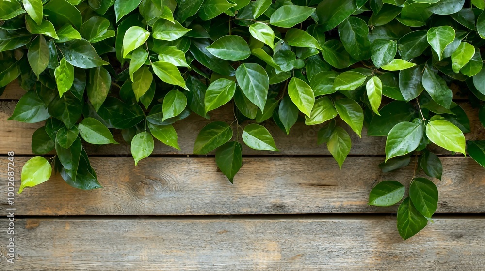 Vibrant Green Leaves Against a Rustic Wooden Background for Natural Interior Aesthetic Vibrant Green Leaves Against a Rustic Wooden Background for Natural Interior Aesthetic