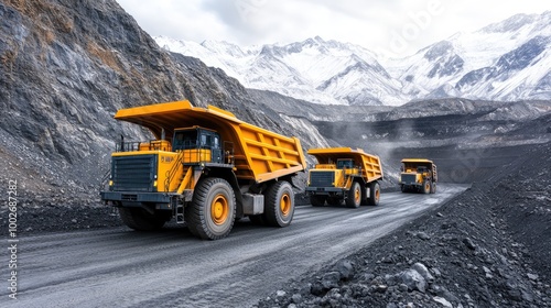 A fleet of large yellow mining trucks drives along a dirt road in a unique open-pit mine, featuring a visually striking, digitally manipulated atmosphere