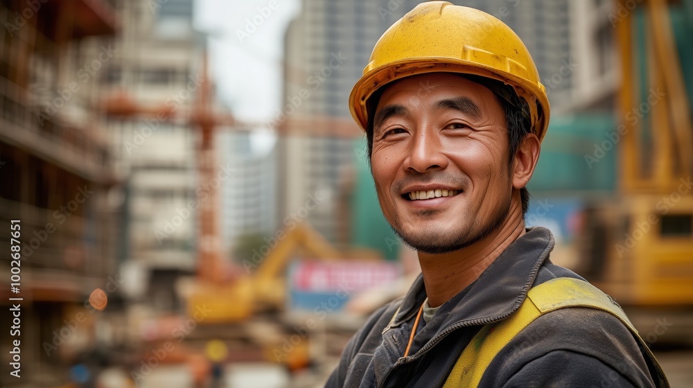 Fototapeta premium A Chinese construction worker smiles at the camera