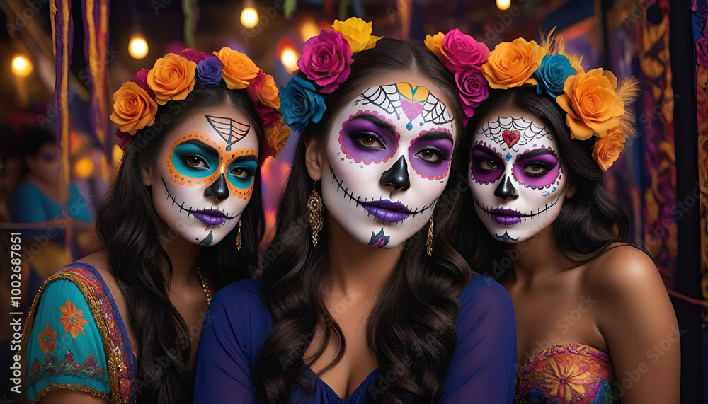 a group of beautiful women with painted sugar skull on their face for Mexico's Day of the Dead a group of beautiful women with painted sugar skull on their face for Mexico's Day of the Dead