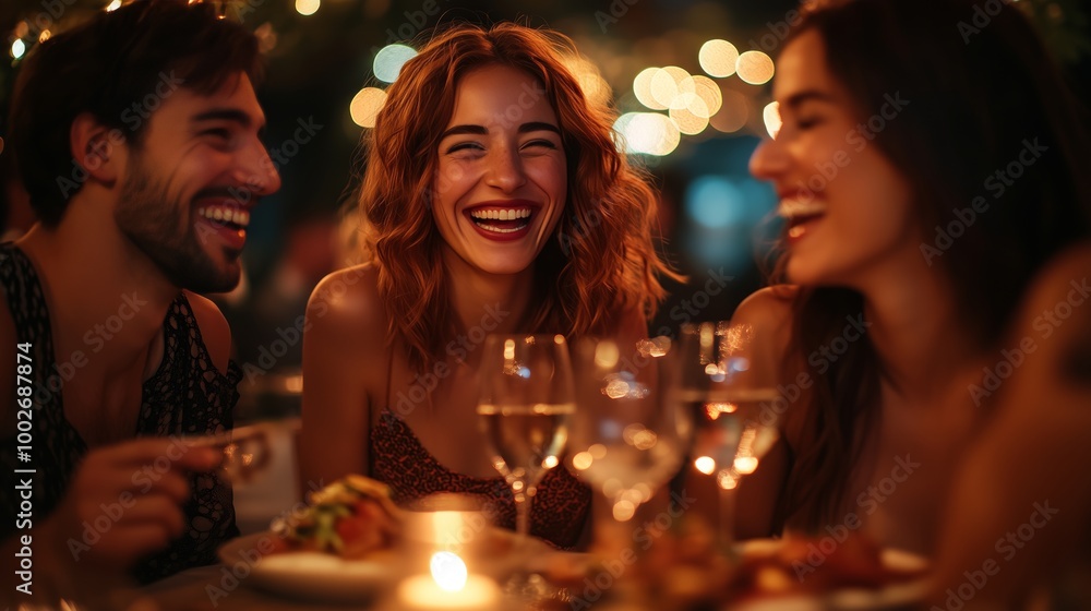 A group of friends laughing and enjoying dinner together at an upscale restaurant A group of friends laughing and enjoying dinner together at an upscale restaurant