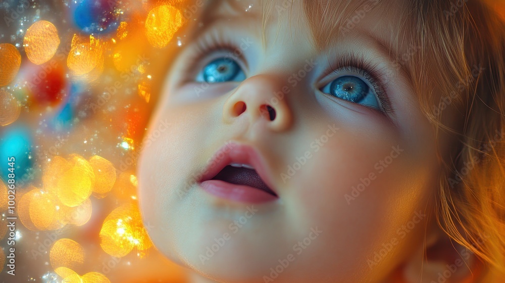 A child gazes in wonder, illuminated by colorful lights. A child gazes in wonder, illuminated by colorful lights.