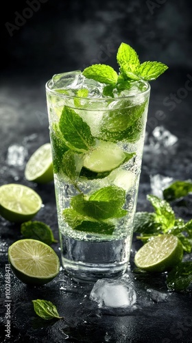 Refreshing mojito cocktail with lime and mint in a tall glass with ice on dark background.