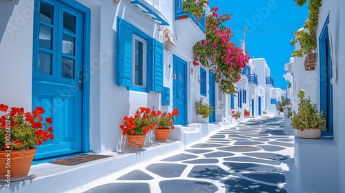 Fototapeta Naklejka Na Ścianę i Meble -  M Scotter style, Beautiful streets of Mykonos with white buildings and blue doors, flowers in pots on the street, sunny day, blue sky